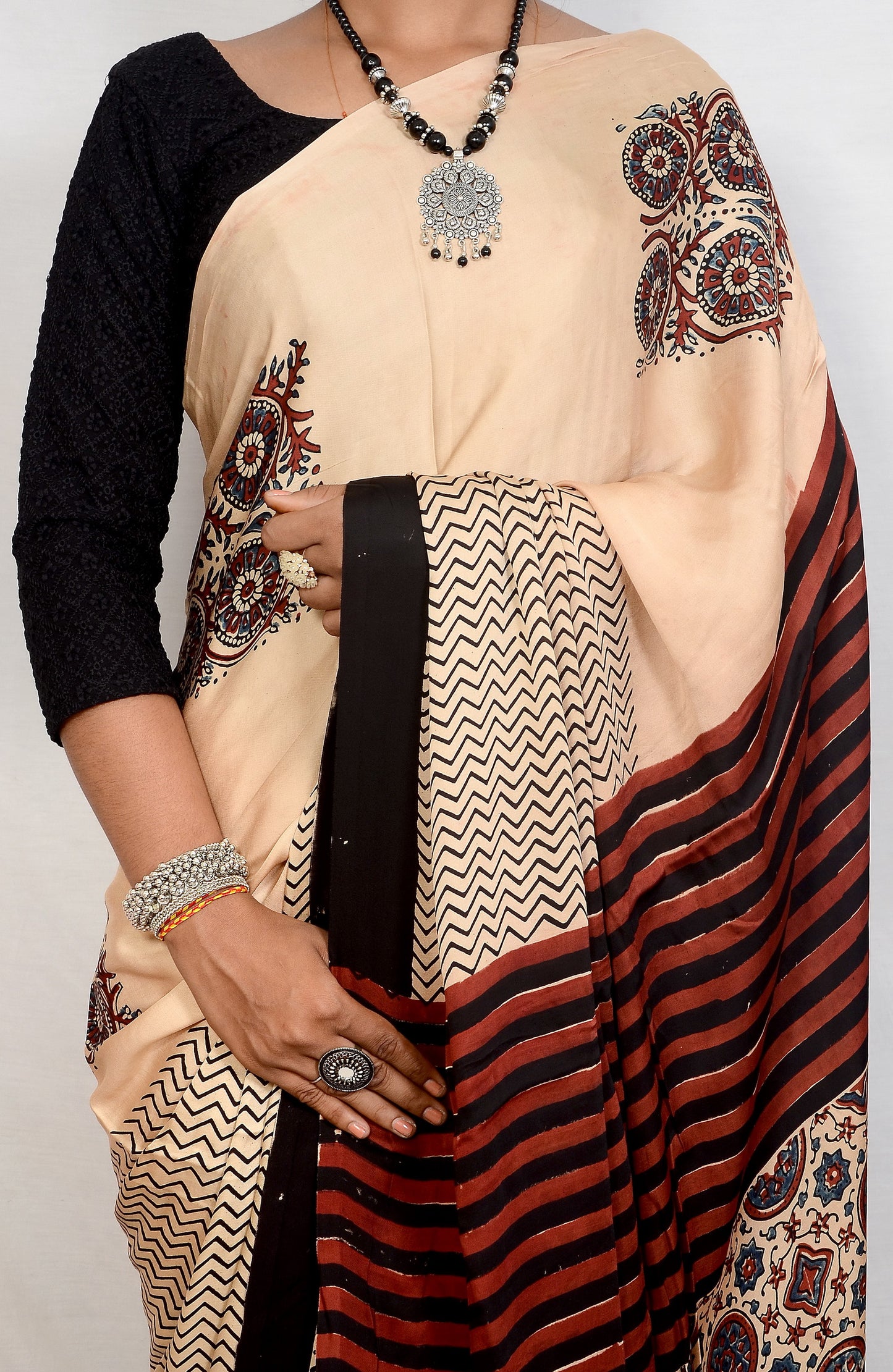 "Moonlight Verse – White Ajrakh Saree in Modal Silk"