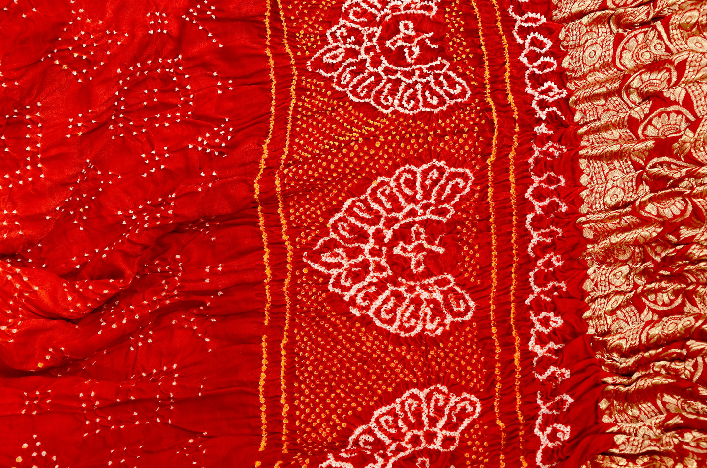 Handcrafted Pure Gajji Silk Bandhani Dupatta – Red & Orange Rai Bandhe