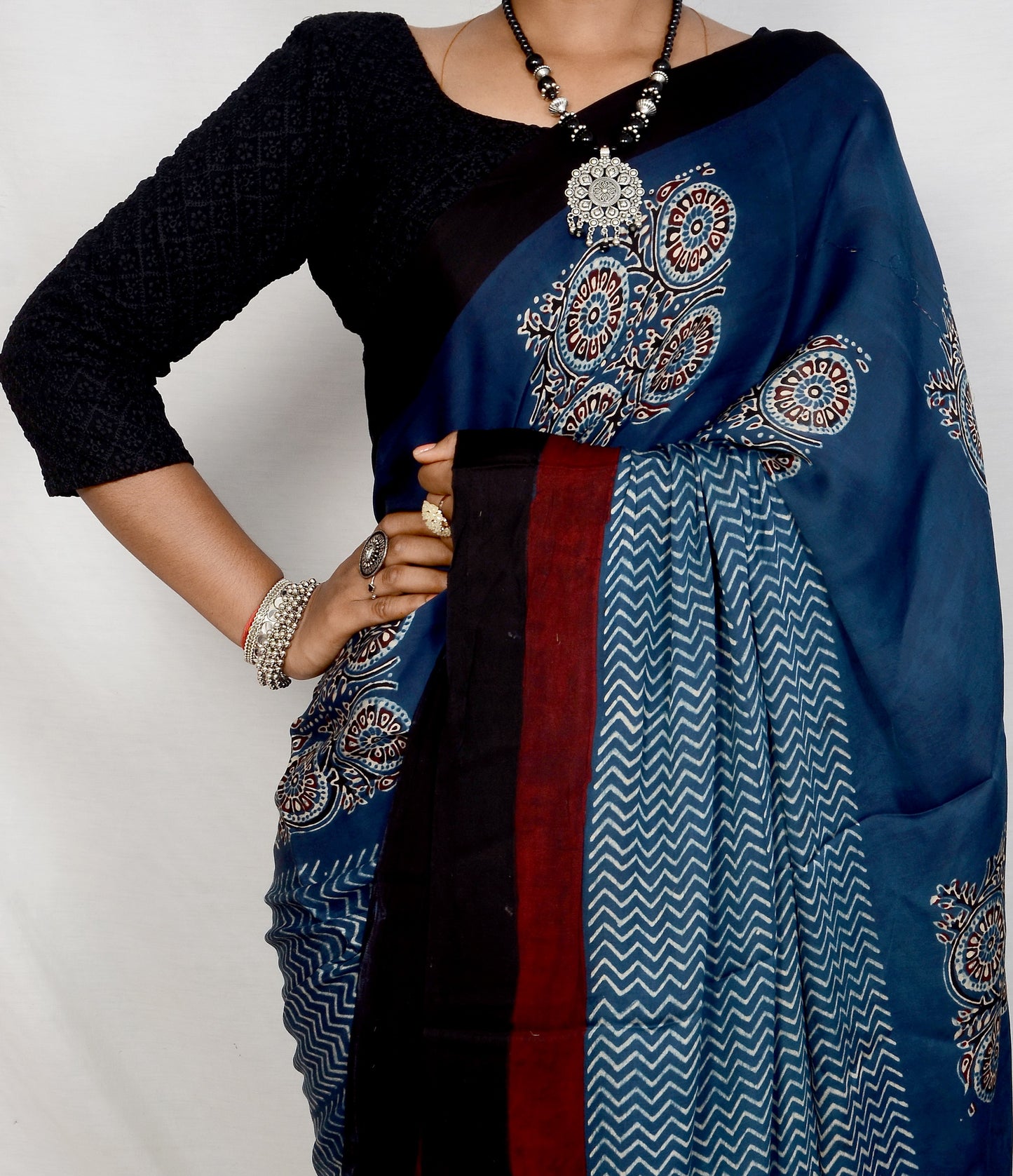 "Ocean Bloom – Blue Ajrakh Hand Block Print Saree in Modal Silk"