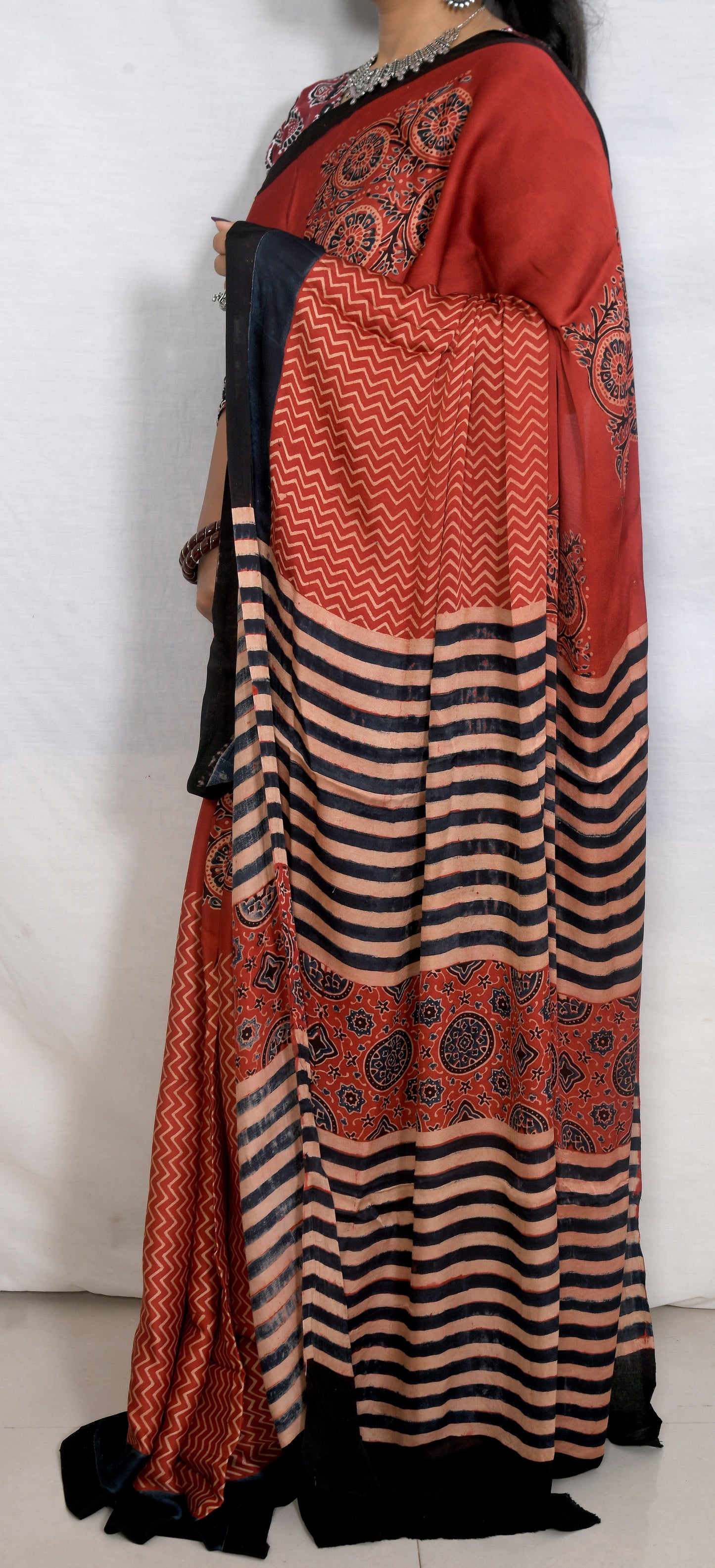 "Maroon Mystique – Modal Saree with Hand Block Ajrakh Print"
