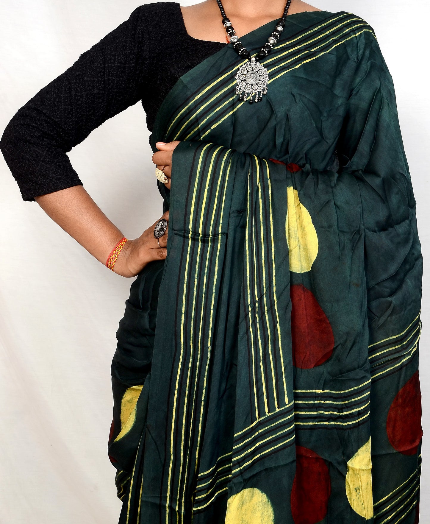 "Circle of Grace – Green Ajrakh Hand Block Print Saree in Modal Silk"
