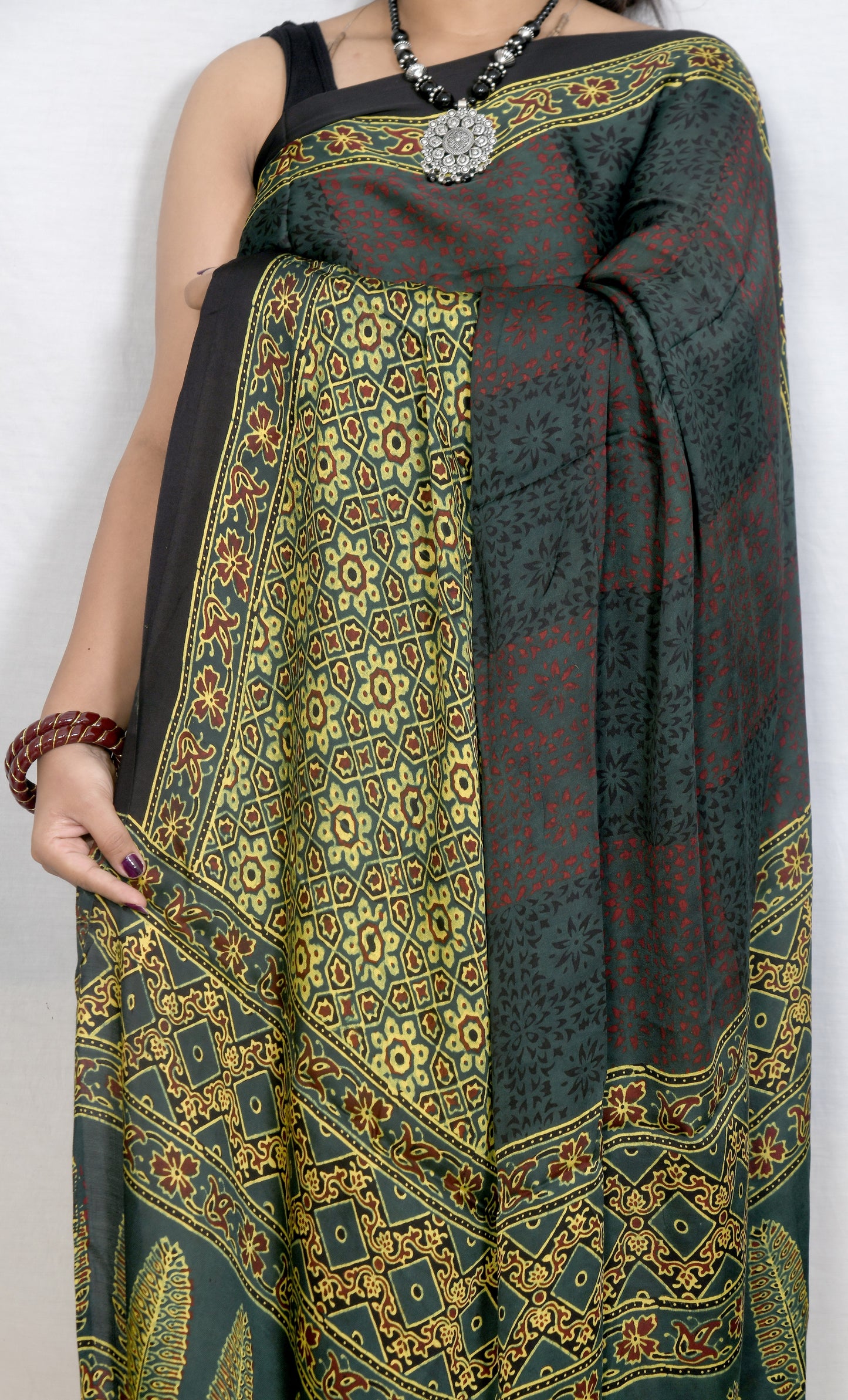 "Forest Grace – Green Ajrakh Hand Block Print Saree in Modal Silk"