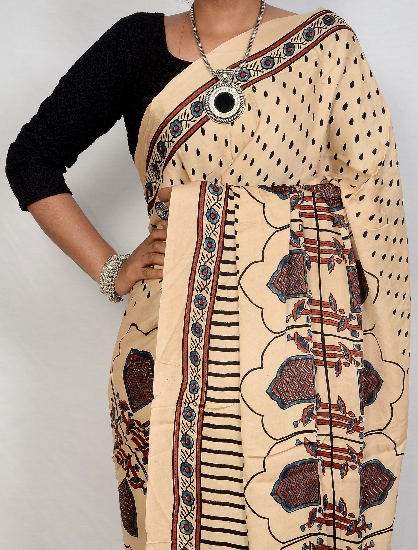 "Ivory Echo – White Ajrakh Hand Block Print Saree in Modal Silk"