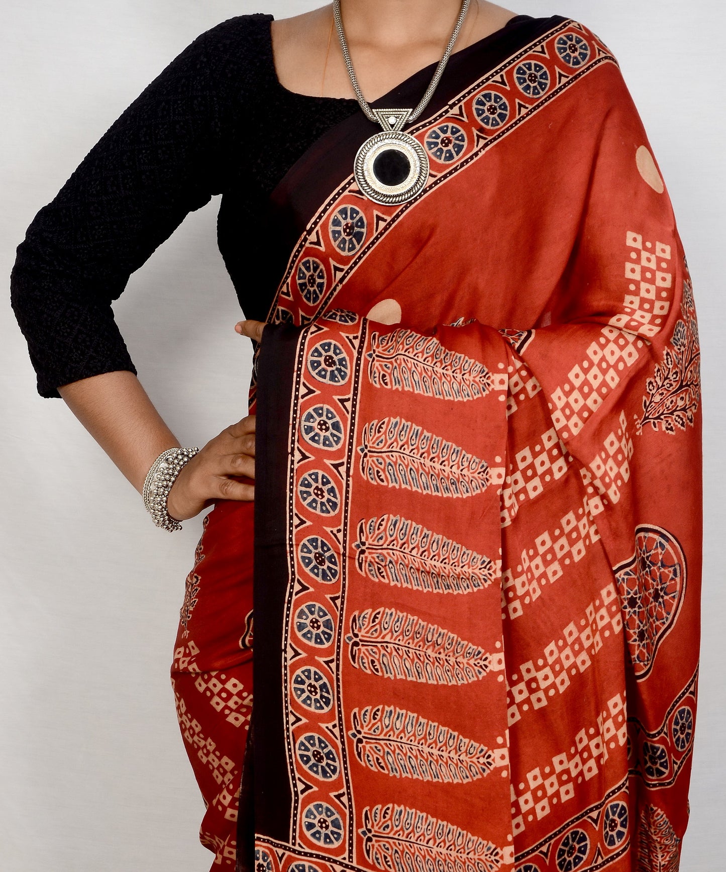 "Garnet Horizon – Maroon Ajrakh Hand Block Saree in Modal Silk"