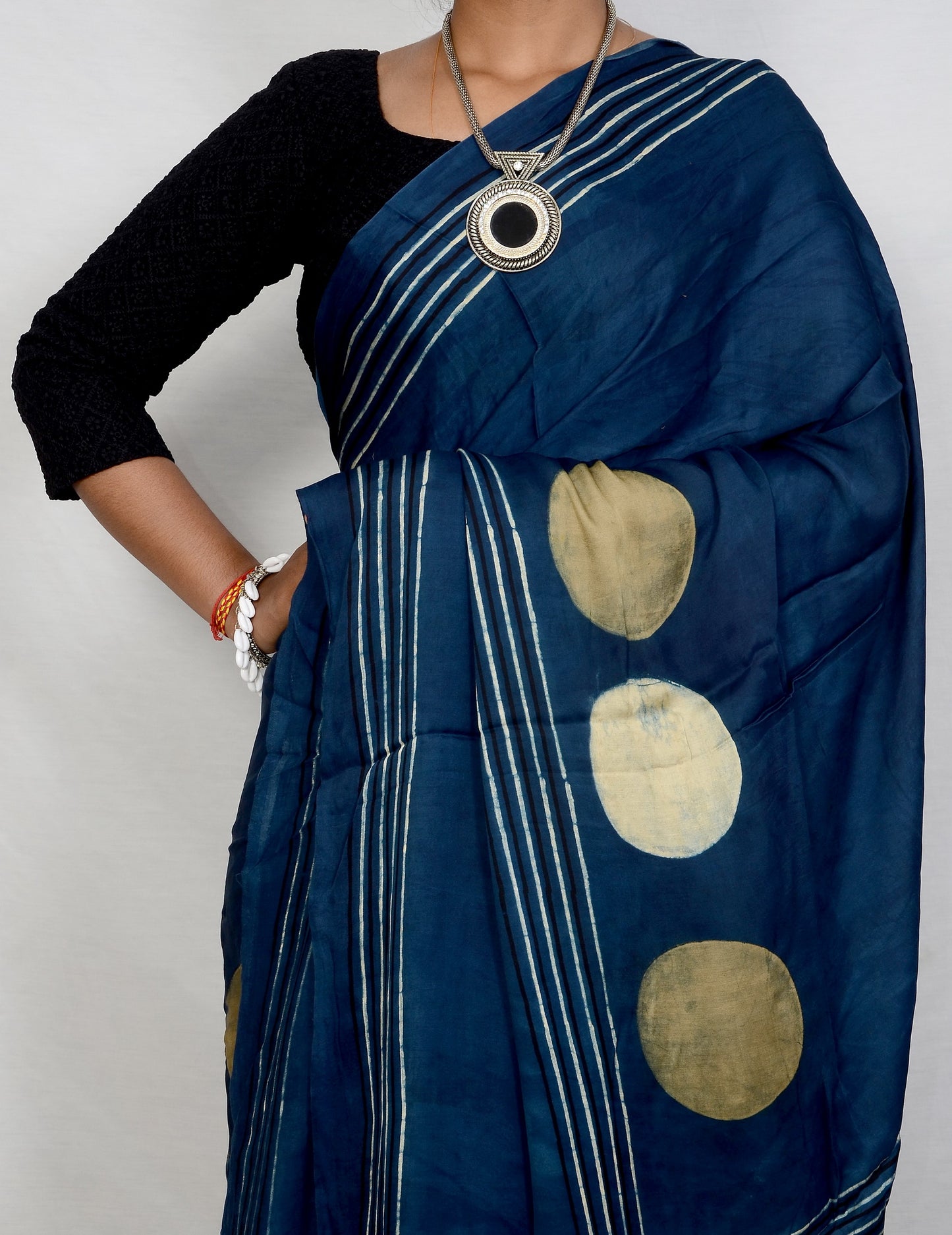 "Indigo Orbit – Blue Circle Motif Ajrakh Saree in Modal Silk"