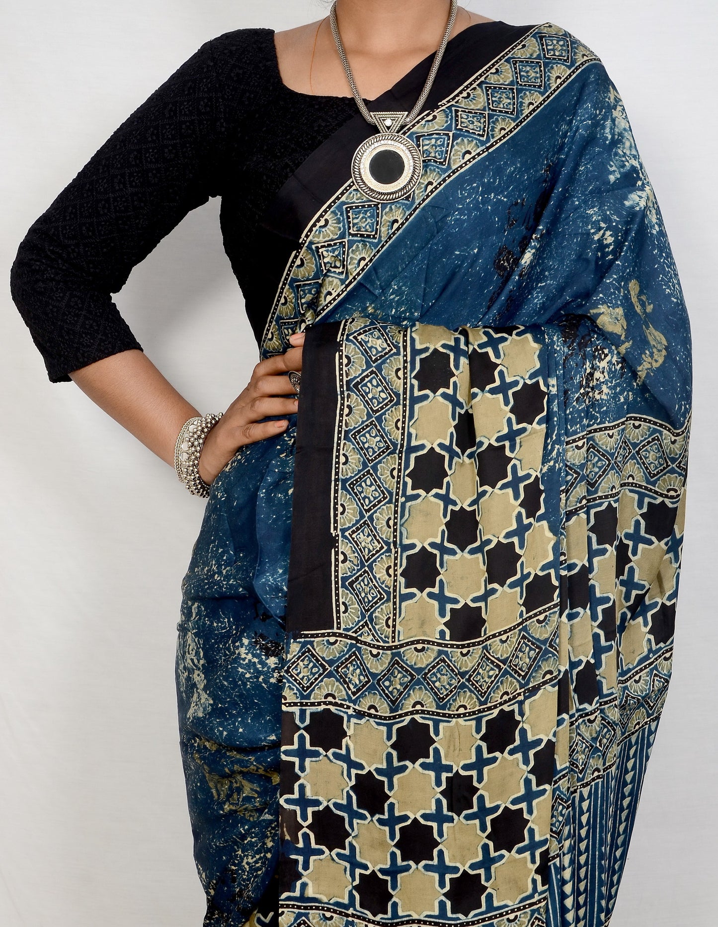 "Blue Mirage – Ajrakh Hand Block Print Saree in Modal Silk"