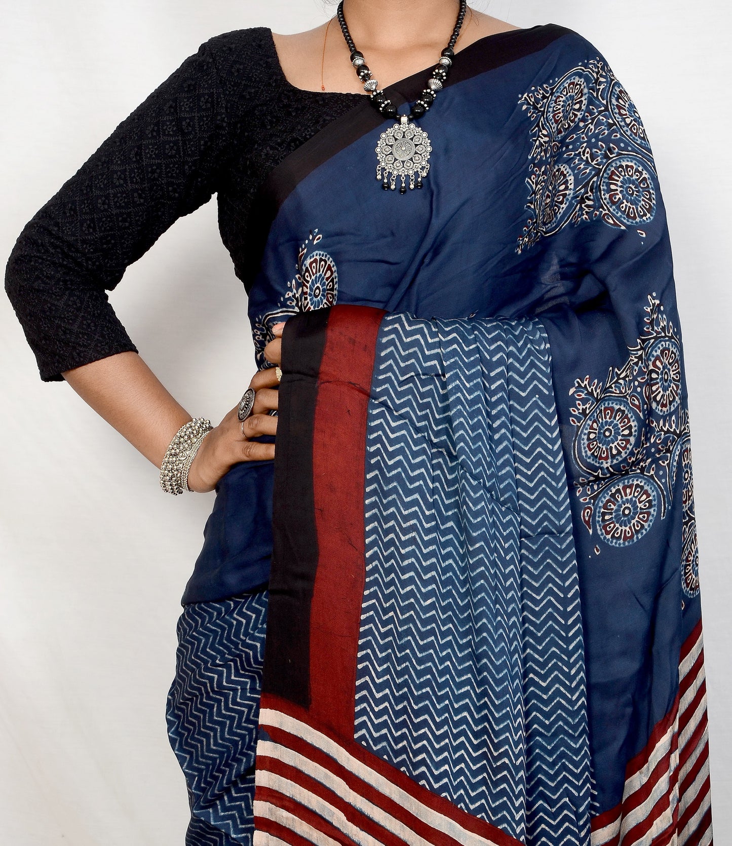 "Nila Veil – Blue Ajrakh Hand Block Print Saree in Modal Silk"
