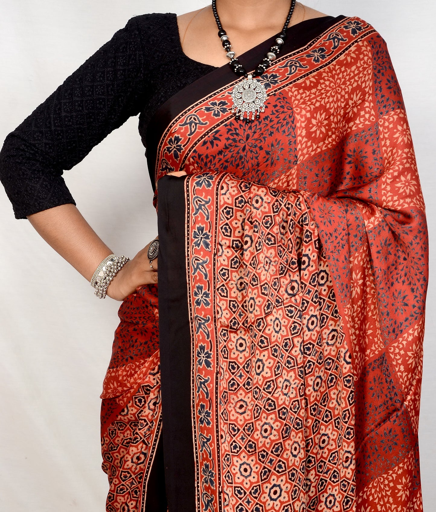 "Maroon Majesty – Ajrakh Hand Block Print Saree in Modal Silk"