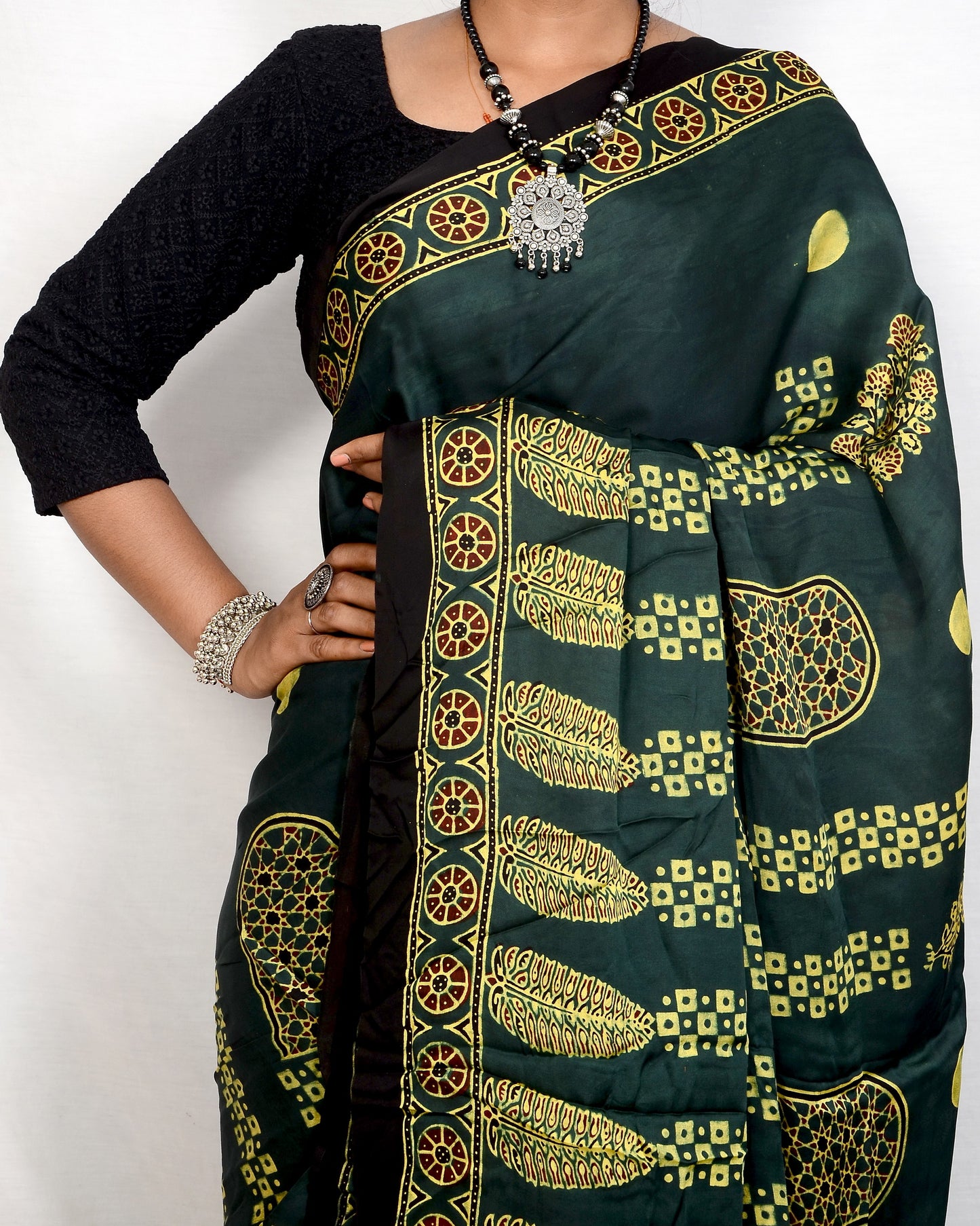 "Verdant Soul – Handcrafted Green Ajrakh Saree in Modal Silk"