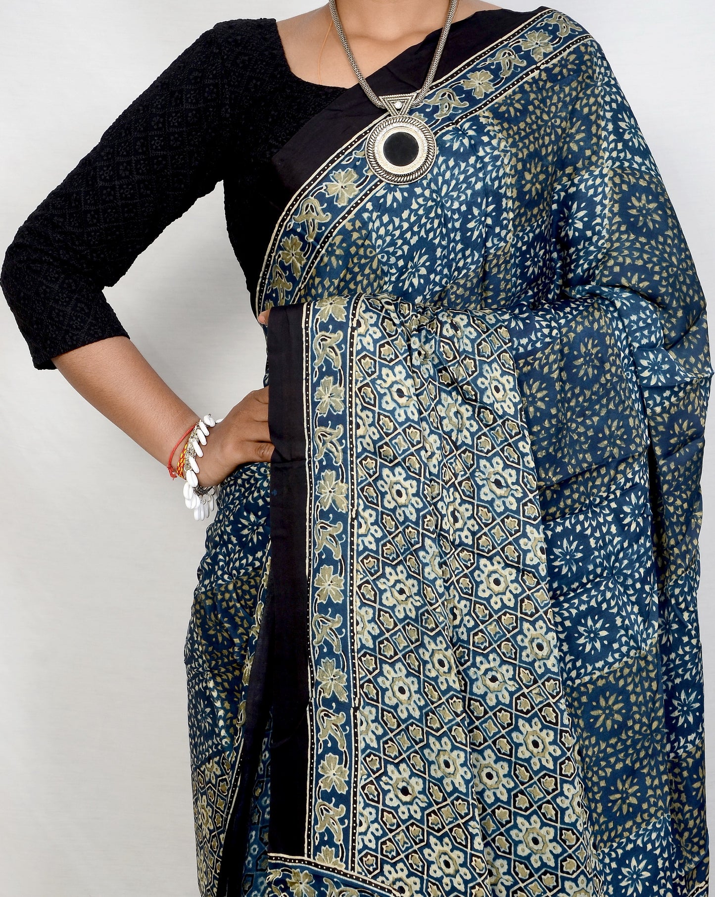 "Neela Sannata – Indigo Ajrakh Modal Silk Saree"