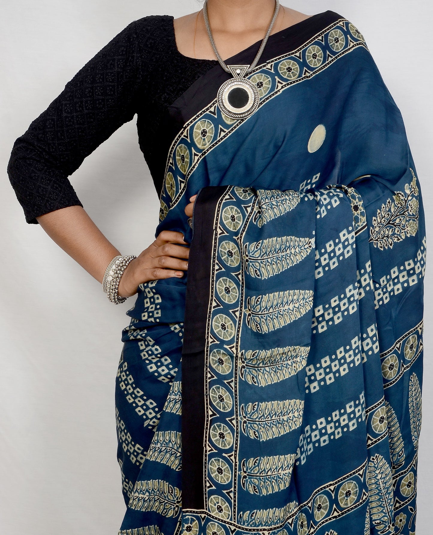 "Indigo Raga – Ajrakh Hand Block Print Saree in Modal Silk"