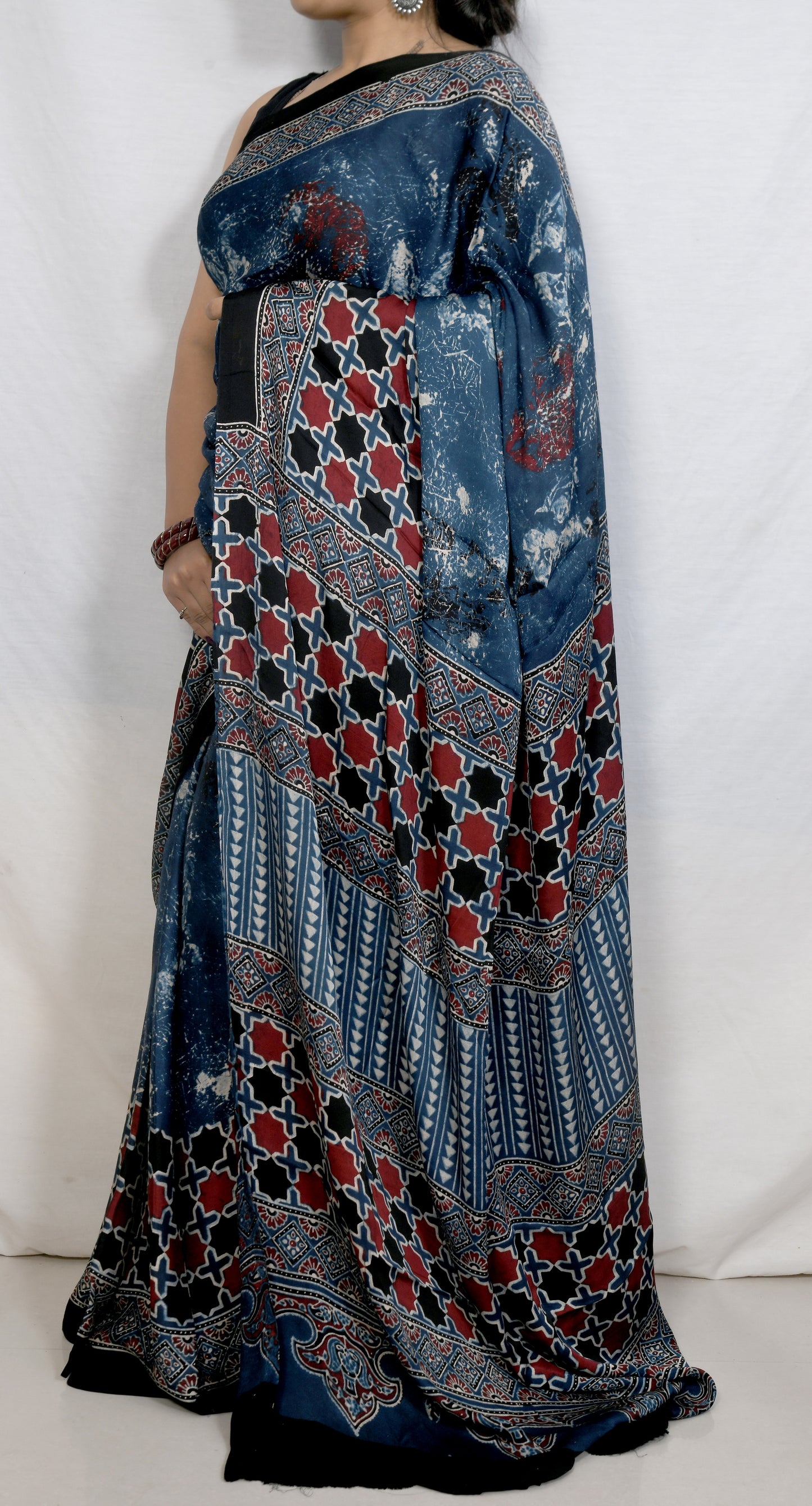 "Indigo Dusk – Handcrafted Ajrakh Saree in Modal Elegance"