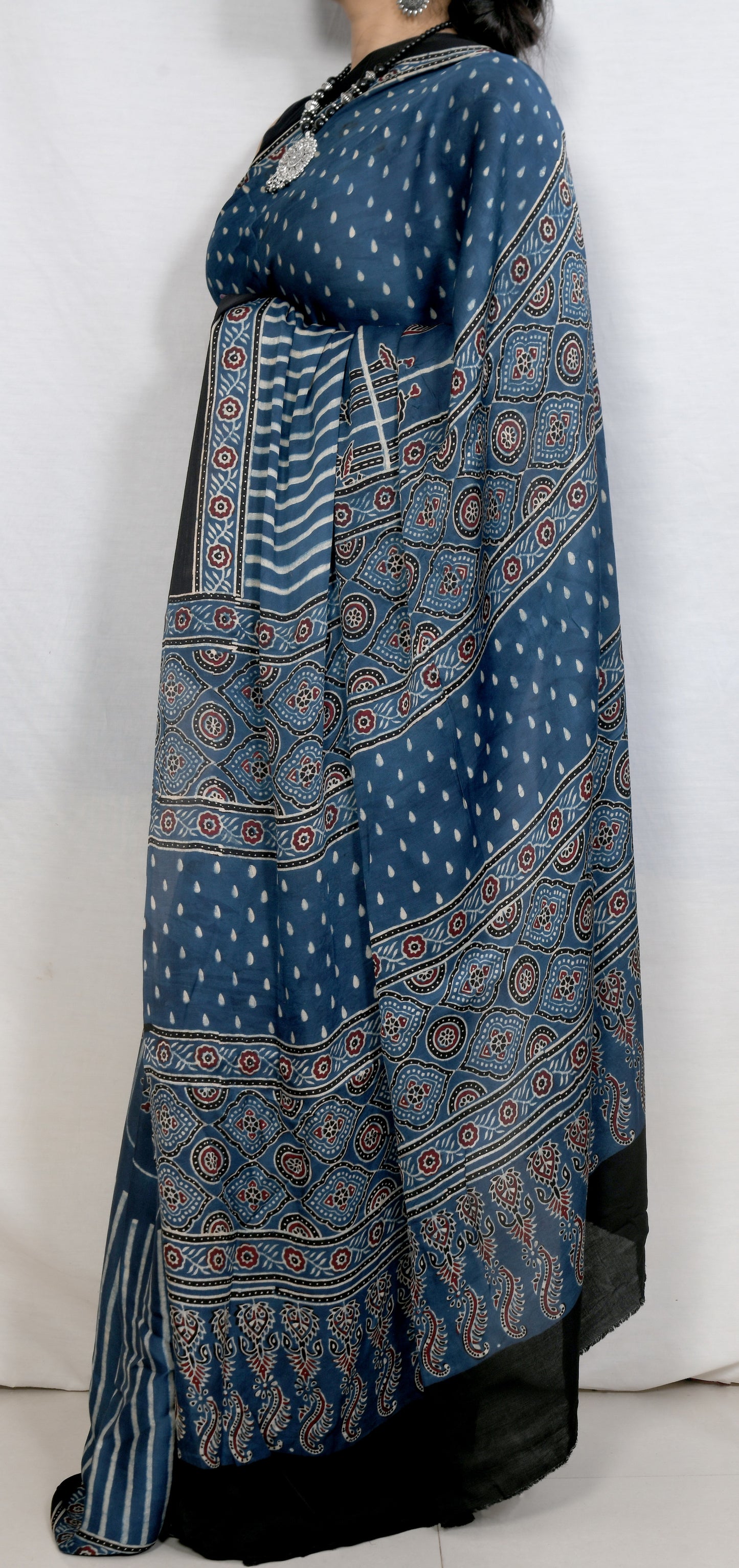 Elegant Indigo Modal Silk Saree – Handcrafted Ajrakh Block Print