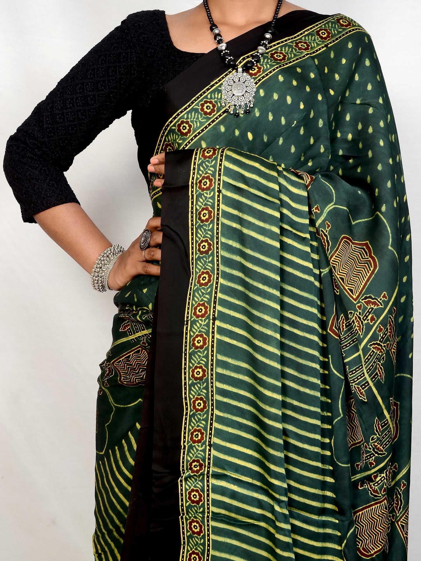 "Emerald Dusk – Green Ajrakh Hand Block Print Saree in Modal Silk"