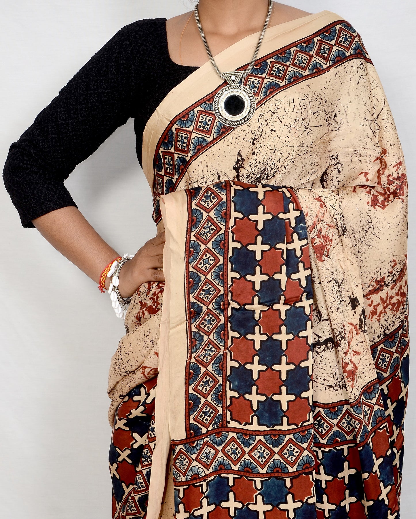 "Ivory Echo – White Ajrakh Saree in Modal Silk"