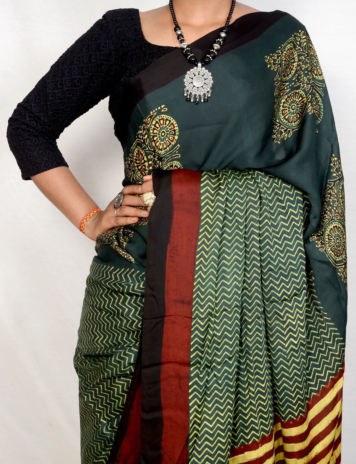 "Mehndi Muse – Green Ajrakh Hand Block Print Saree in Modal Silk"