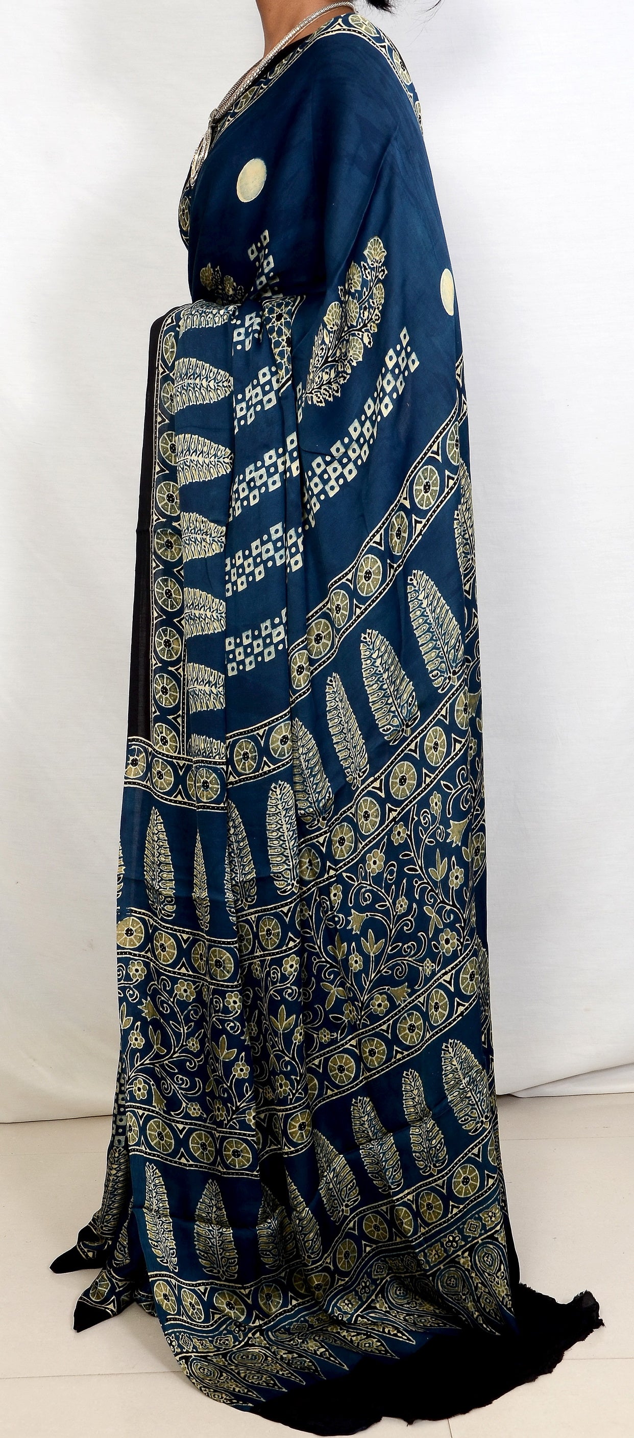 "Indigo Raga – Ajrakh Hand Block Print Saree in Modal Silk"