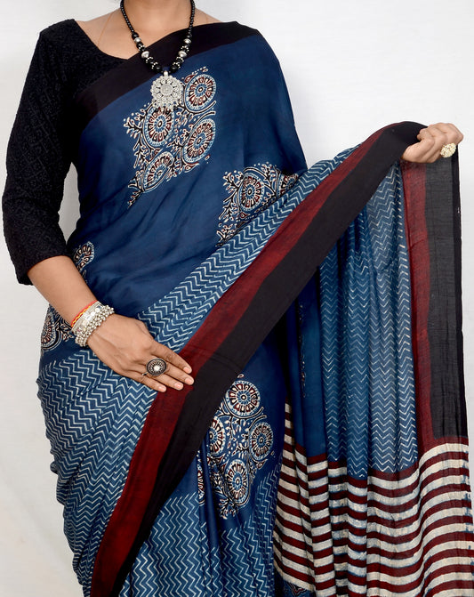 "Ocean Bloom – Blue Ajrakh Hand Block Print Saree in Modal Silk"