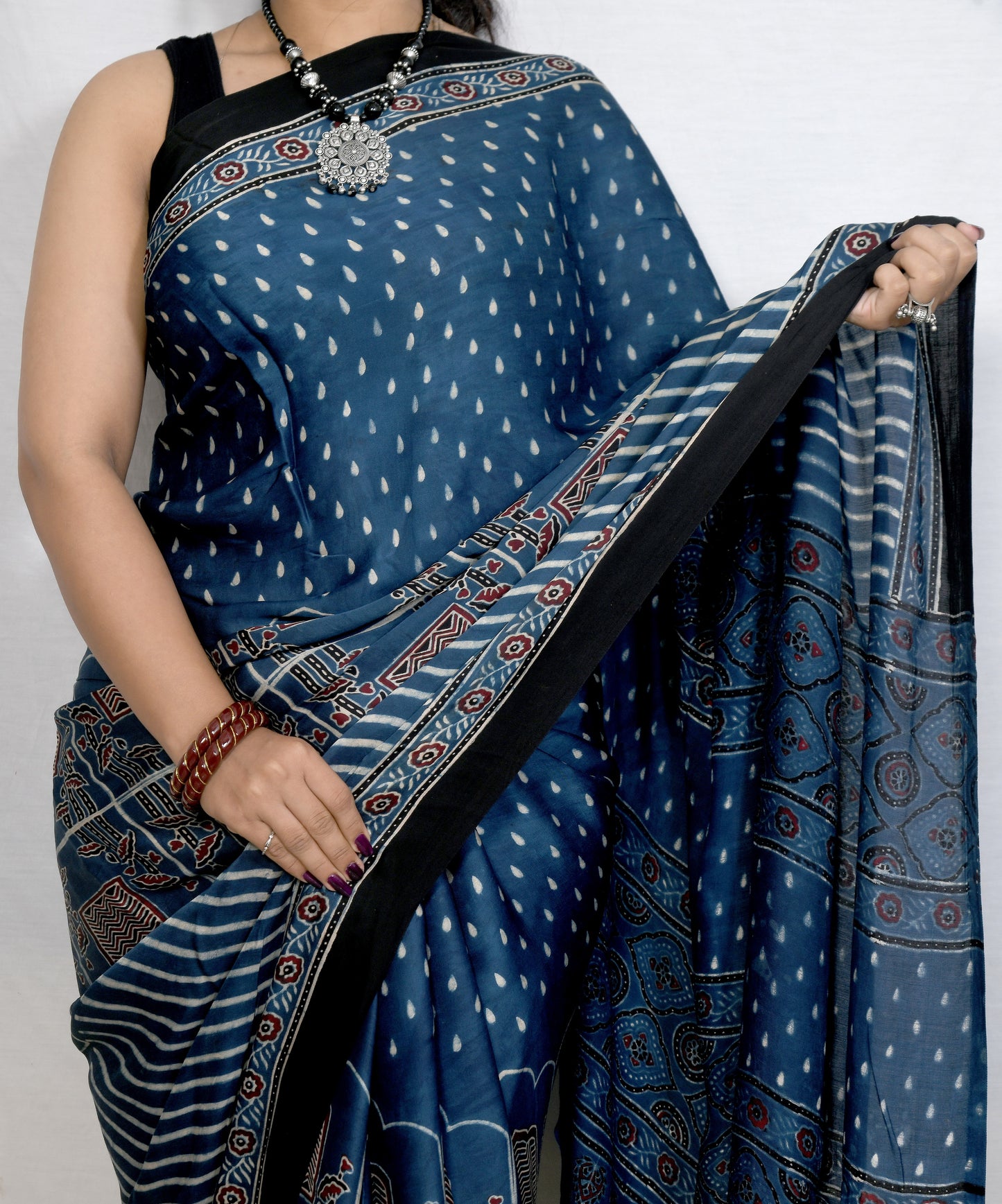 Elegant Indigo Modal Silk Saree – Handcrafted Ajrakh Block Print