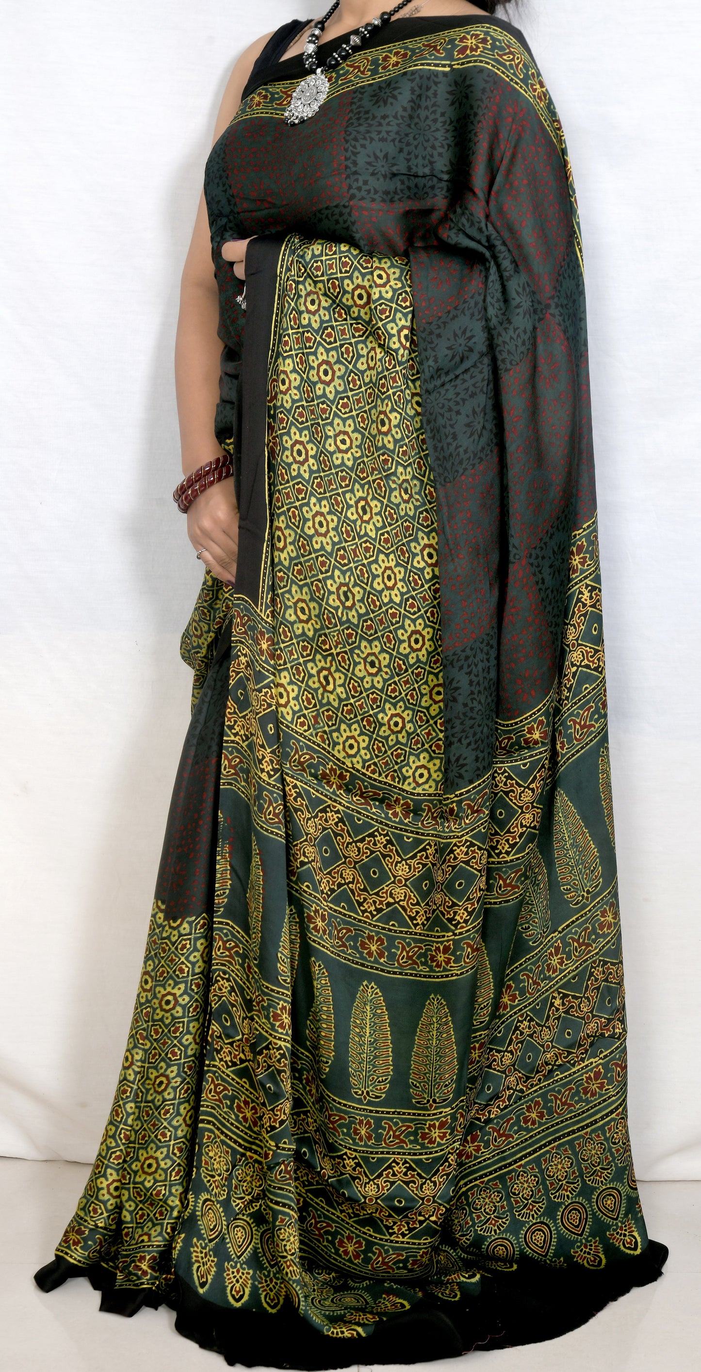"Forest Grace – Green Ajrakh Hand Block Print Saree in Modal Silk"