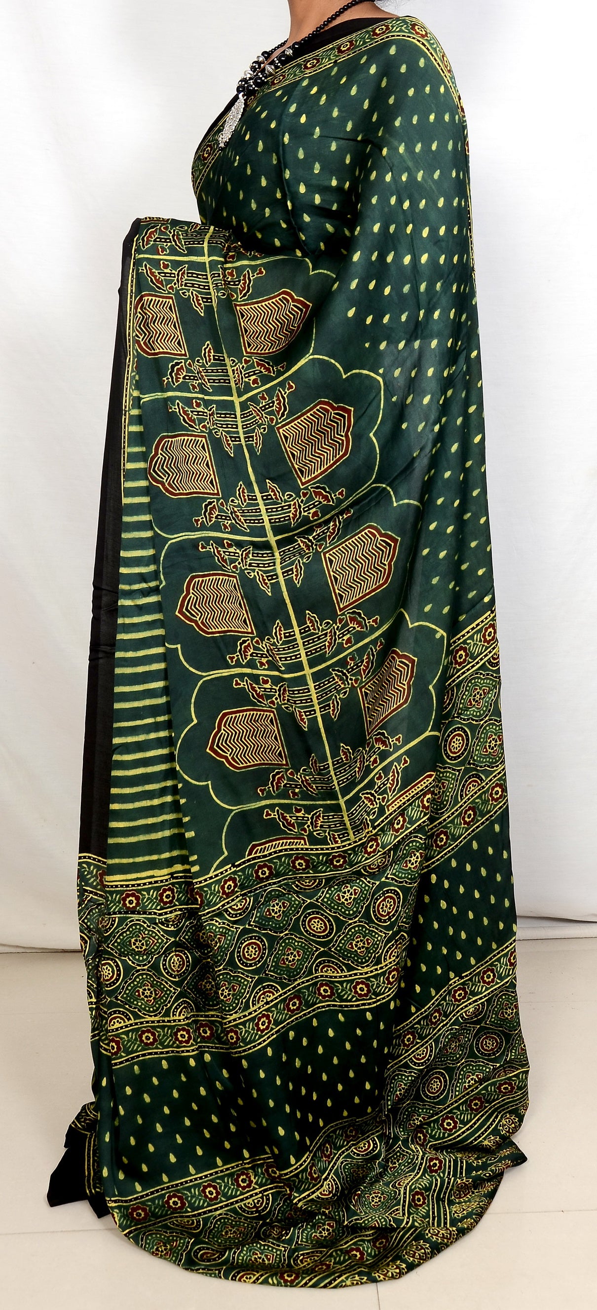 "Emerald Dusk – Green Ajrakh Hand Block Print Saree in Modal Silk"