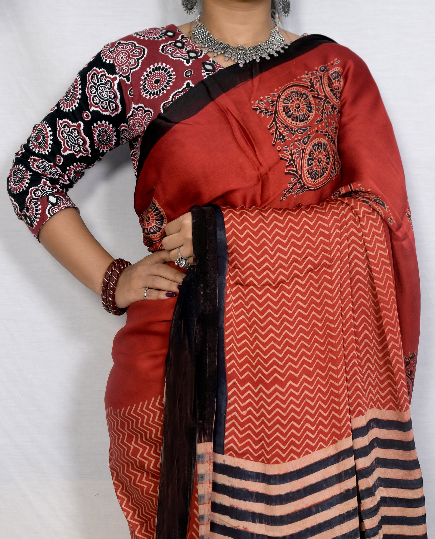 "Maroon Mystique – Modal Saree with Hand Block Ajrakh Print"
