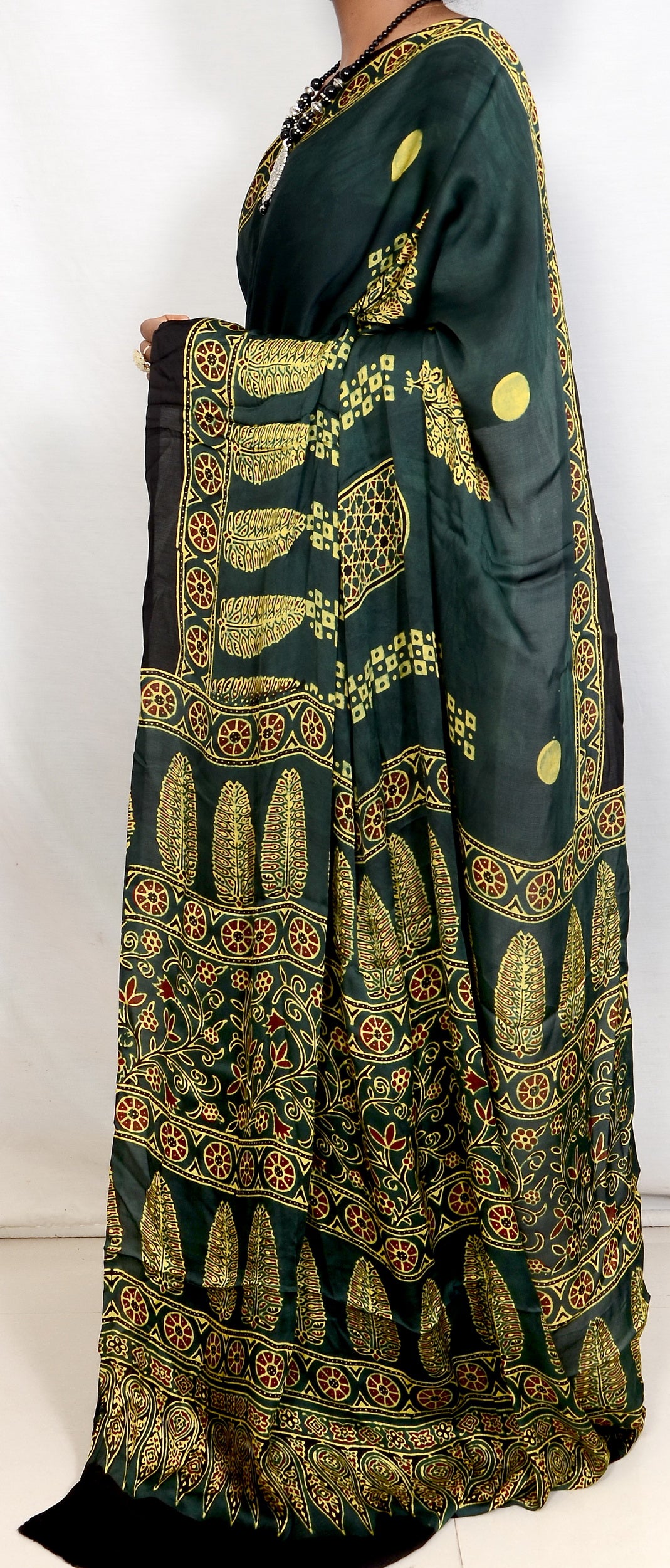 "Verdant Soul – Handcrafted Green Ajrakh Saree in Modal Silk"