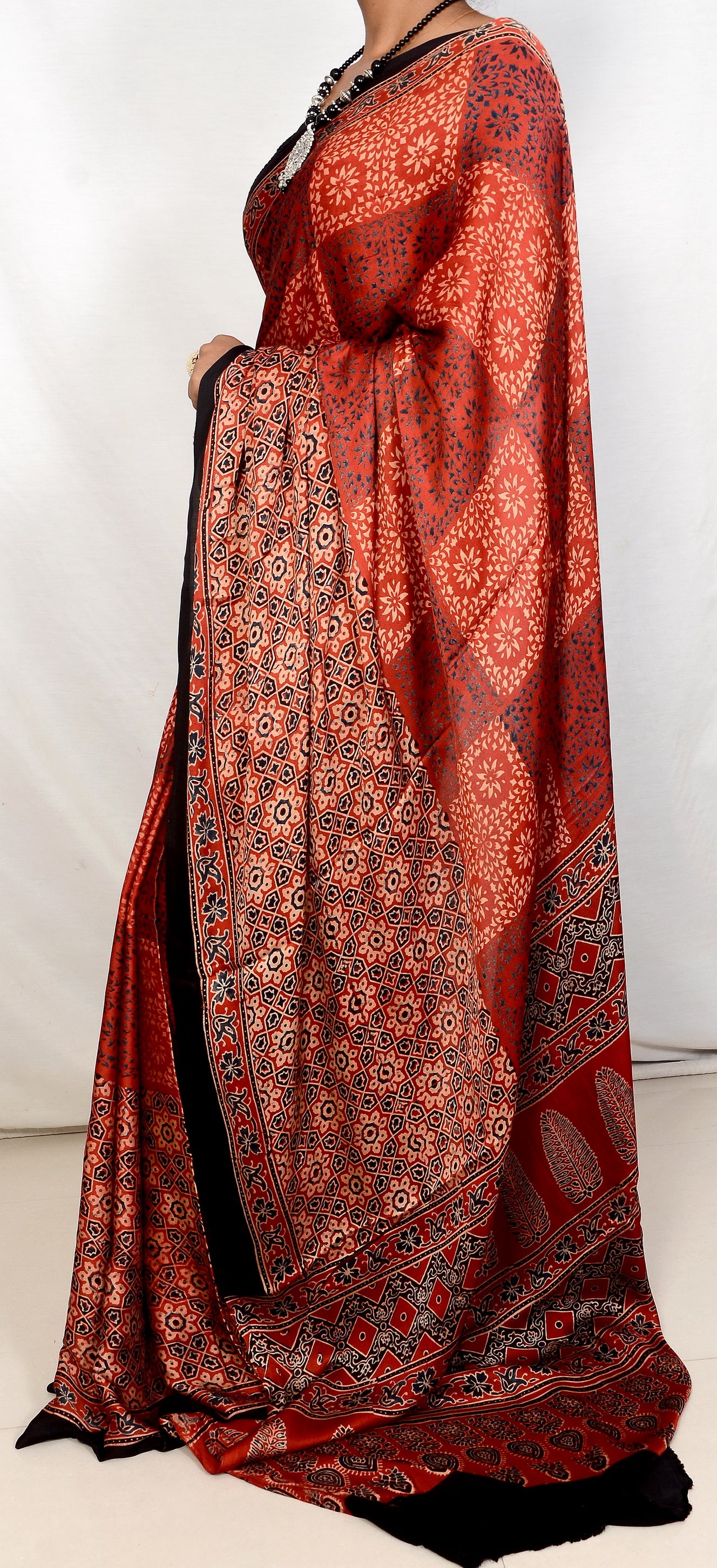"Maroon Majesty – Ajrakh Hand Block Print Saree in Modal Silk"