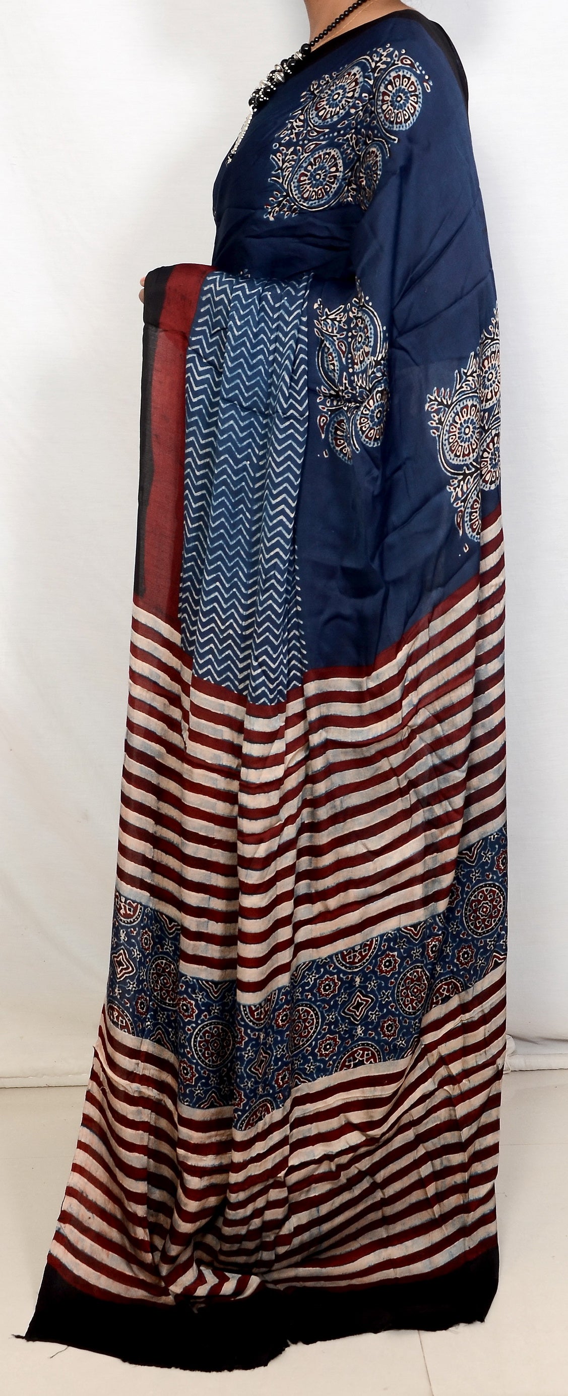 "Nila Veil – Blue Ajrakh Hand Block Print Saree in Modal Silk"