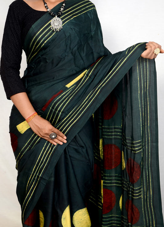 "Circle of Grace – Green Ajrakh Hand Block Print Saree in Modal Silk"