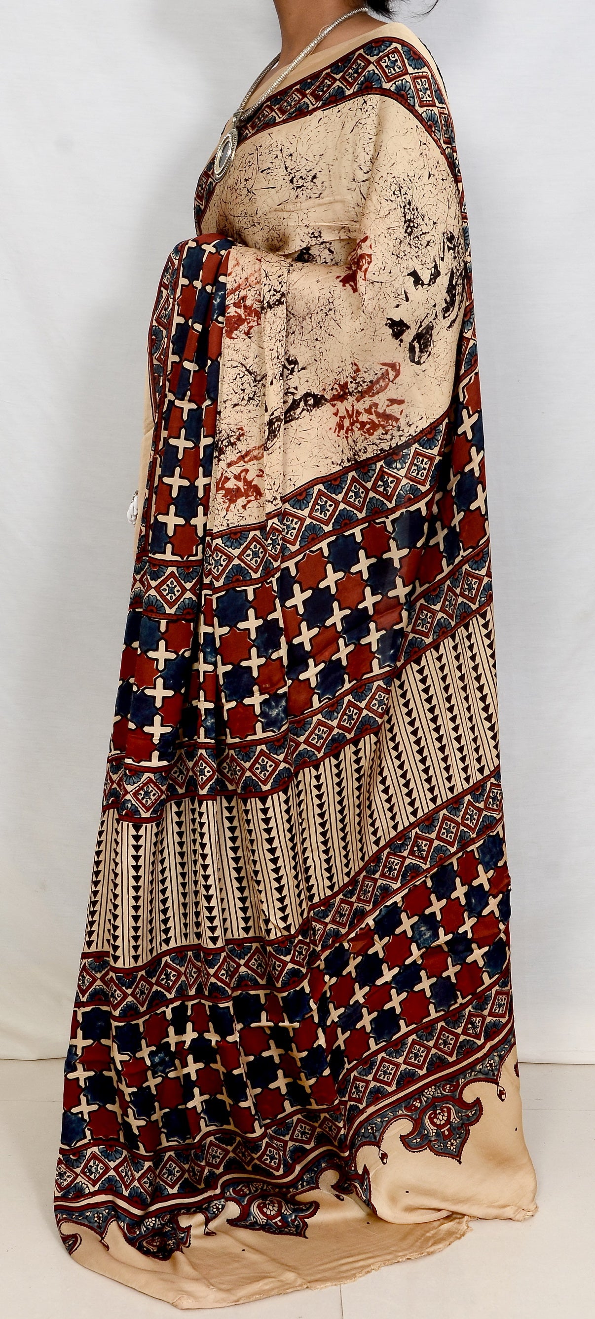 "Ivory Echo – White Ajrakh Saree in Modal Silk"