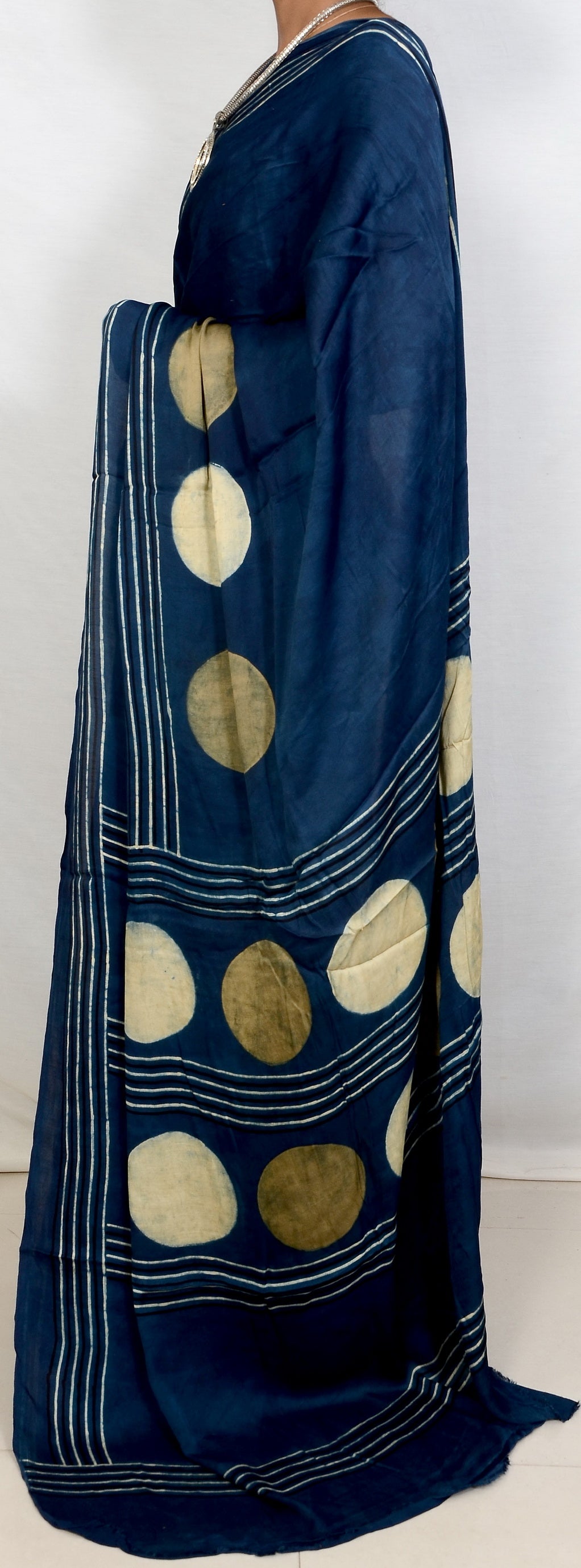 "Indigo Orbit – Blue Circle Motif Ajrakh Saree in Modal Silk"