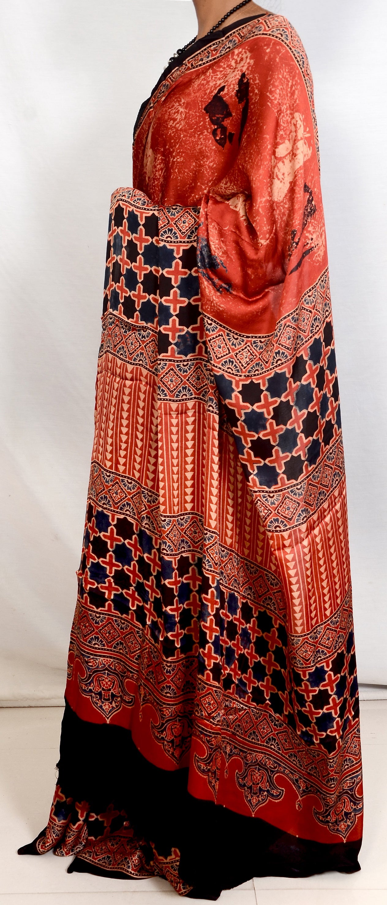 "Crimson Legacy – Maroon Ajrakh Hand Block Print Saree in Modal Silk"