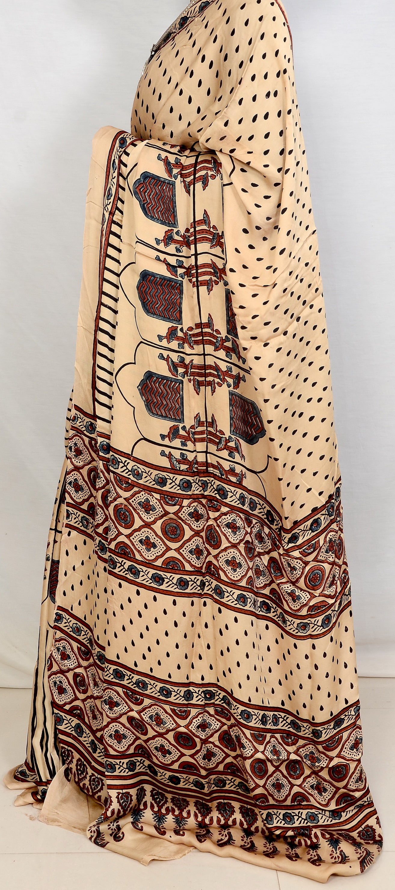 "Ivory Echo – White Ajrakh Hand Block Print Saree in Modal Silk"