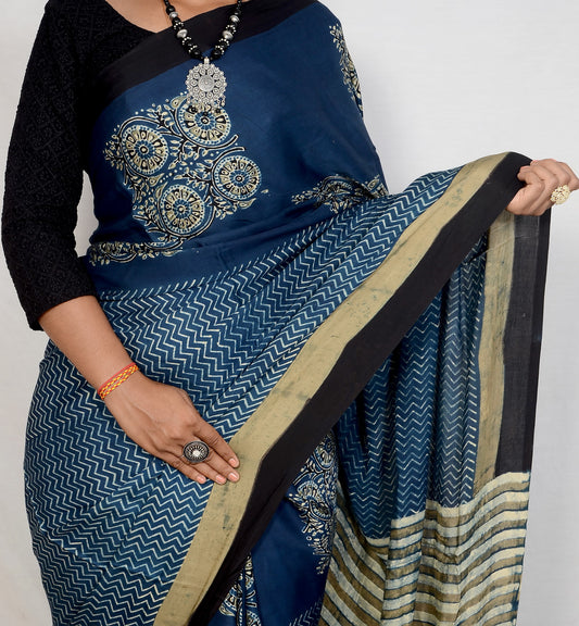 "Indigo Whispers – A Tale in Ajrakh on Modal Silk"
