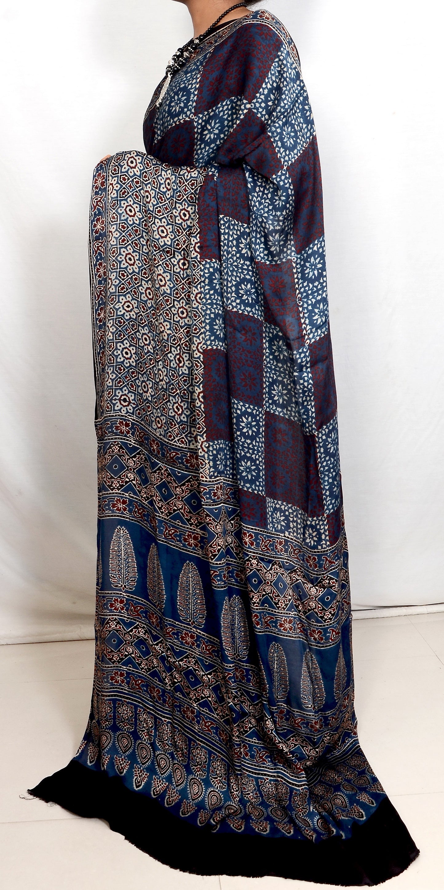 "Midnight Rhythm – Indigo Ajrakh Hand Block Print Saree in Modal Silk"