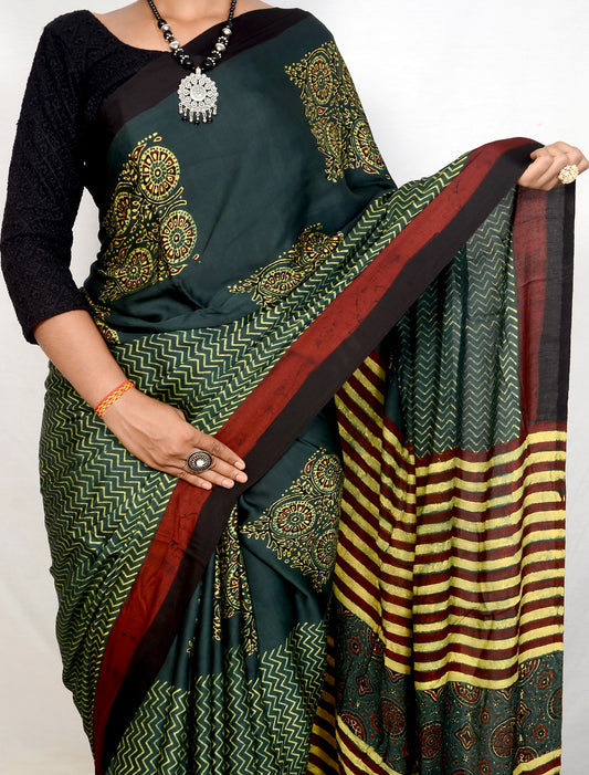 "Mehndi Muse – Green Ajrakh Hand Block Print Saree in Modal Silk"
