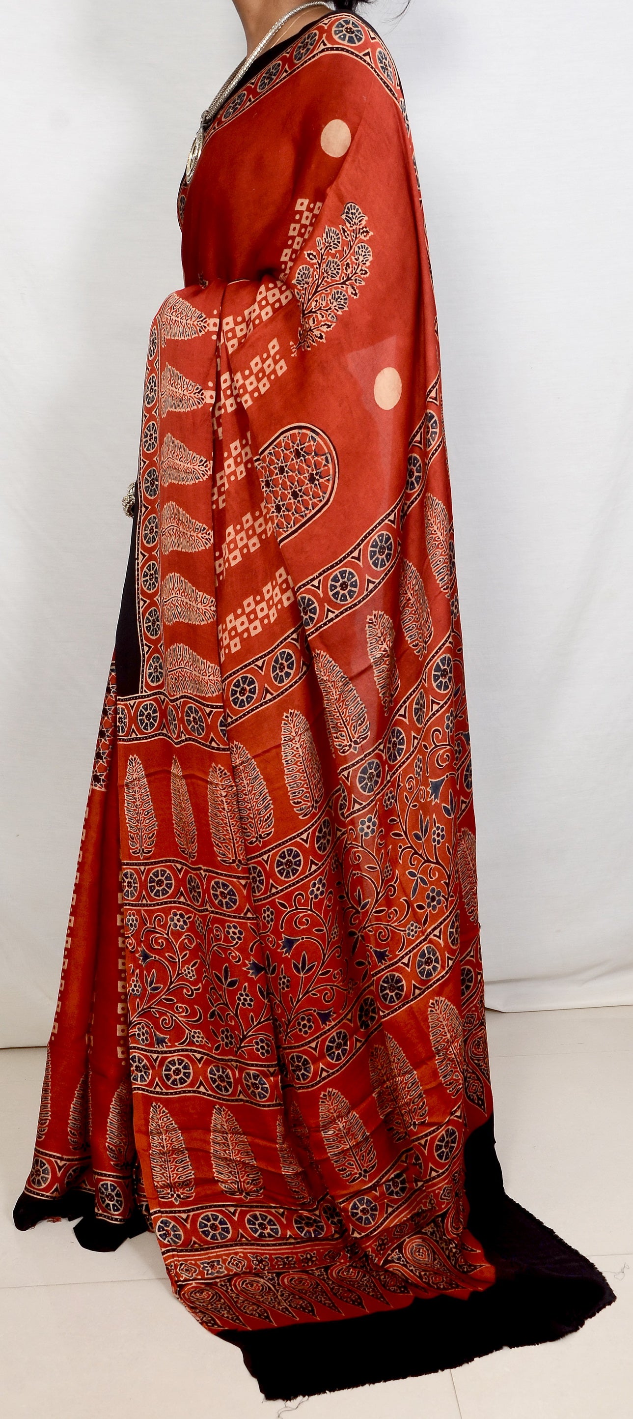 "Garnet Horizon – Maroon Ajrakh Hand Block Saree in Modal Silk"