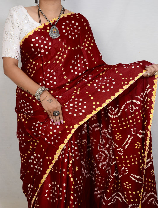 "Red Circle Design Modal Silk Bandhani Saree with Edging – Handcrafted Elegance"