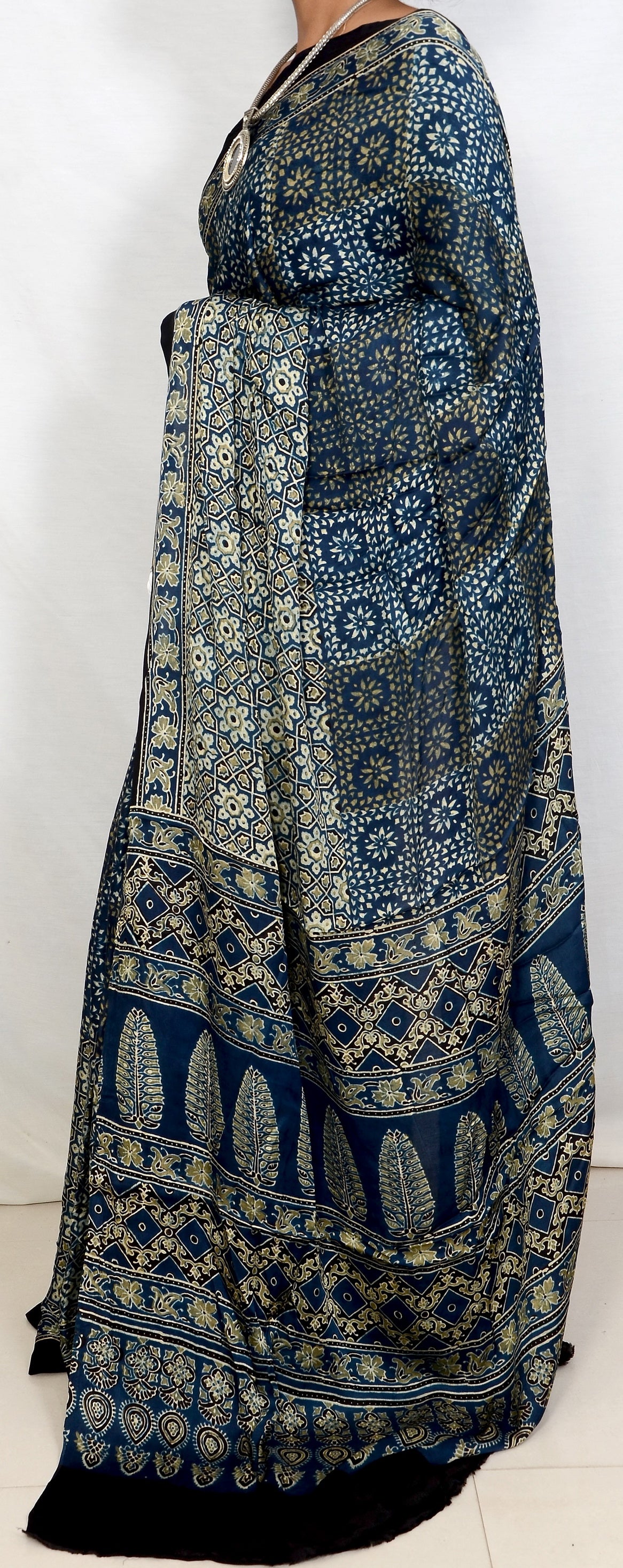 "Neela Sannata – Indigo Ajrakh Modal Silk Saree"