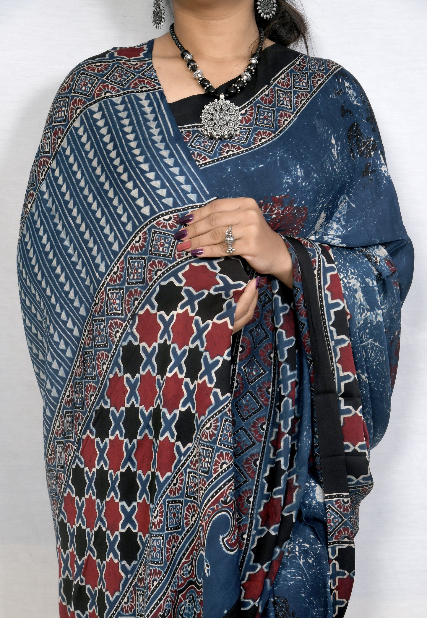 "Indigo Dusk – Handcrafted Ajrakh Saree in Modal Elegance"
