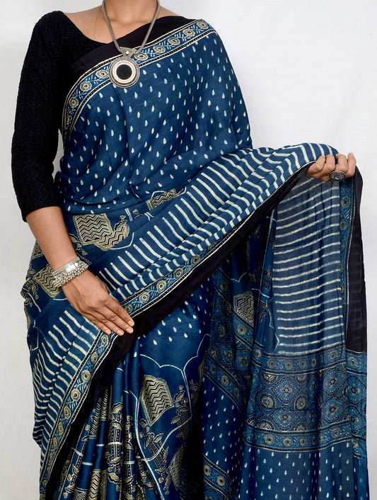 "Ocean Verse – Indigo Ajrakh Modal Silk Saree"