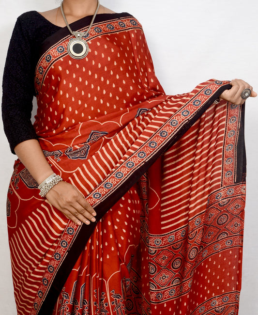 "Desert Garnet – Maroon Ajrakh Saree in Modal Silk"