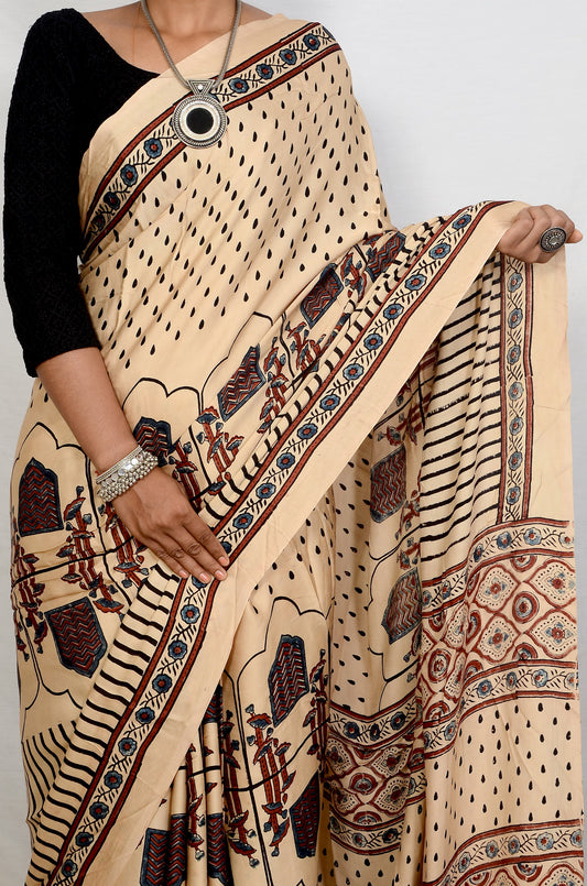 "Ivory Echo – White Ajrakh Hand Block Print Saree in Modal Silk"