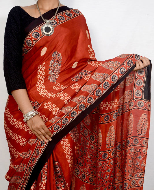 "Garnet Horizon – Maroon Ajrakh Hand Block Saree in Modal Silk"