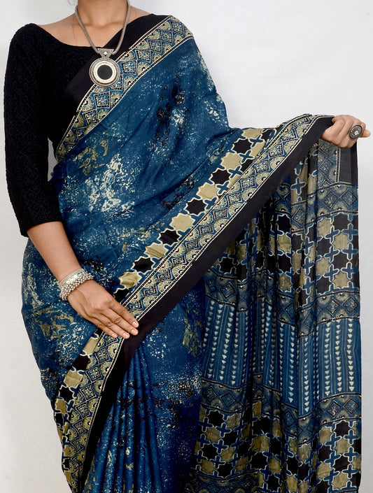 "Blue Mirage – Ajrakh Hand Block Print Saree in Modal Silk"