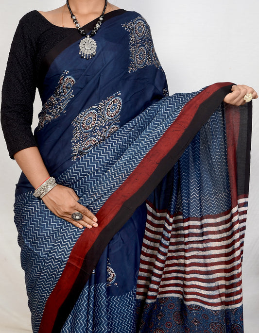 "Nila Veil – Blue Ajrakh Hand Block Print Saree in Modal Silk"