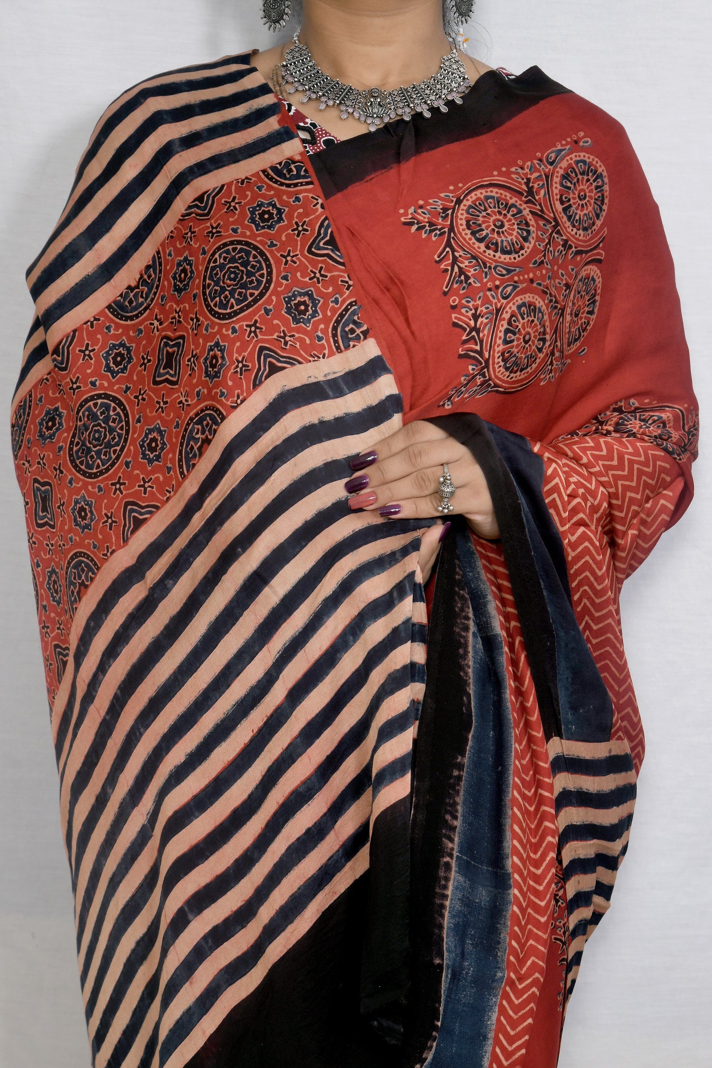 "Maroon Mystique – Modal Saree with Hand Block Ajrakh Print"