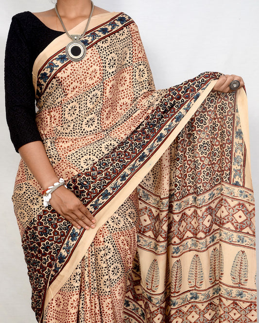 "Ivory Whisper – White Ajrakh Modal Silk Saree"