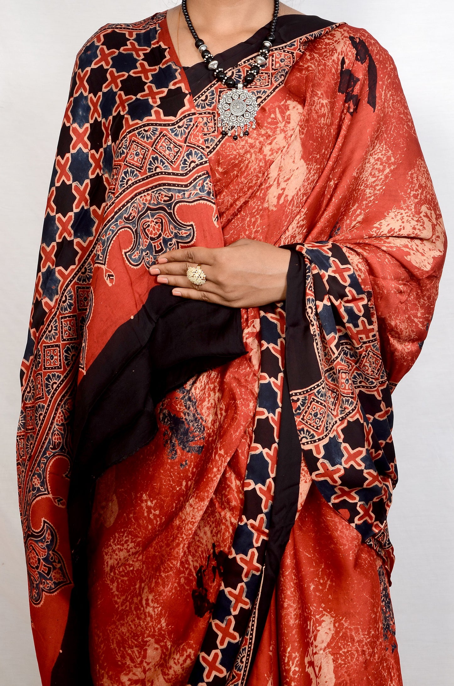 "Crimson Legacy – Maroon Ajrakh Hand Block Print Saree in Modal Silk"